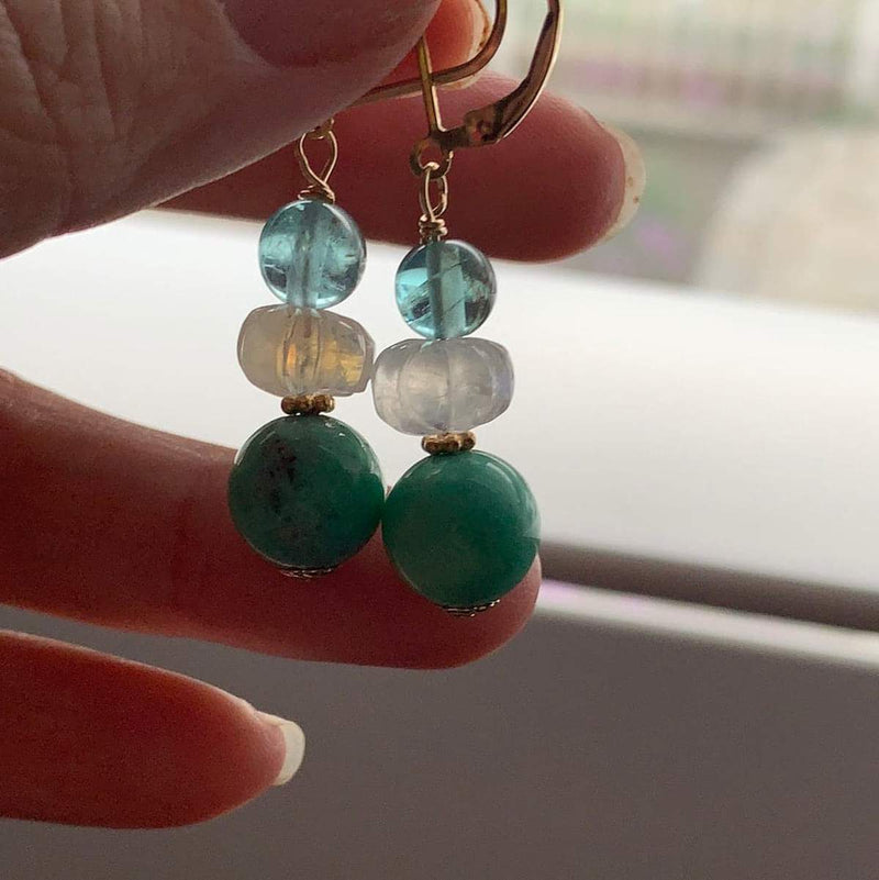 Opal, Carved Moonstone and Fluorite Earrings - Gold Filled - Handmade