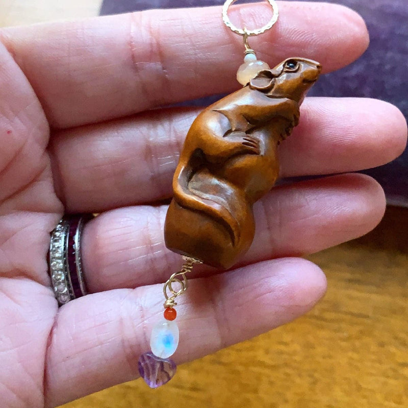 Carved Mouse Pendant - Netsuke -Moonstone, Fluorite, Coral and Peach Moonstone - Gold filled findings - Love Vintage Paris
