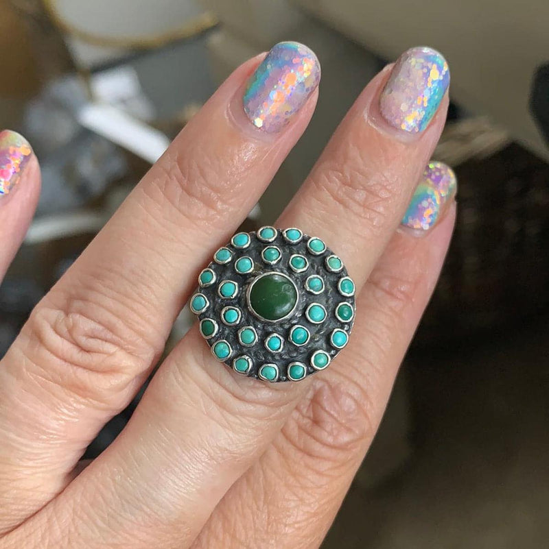 Turquoise Cluster Ring - Native American - Sterling Silver - Vintage