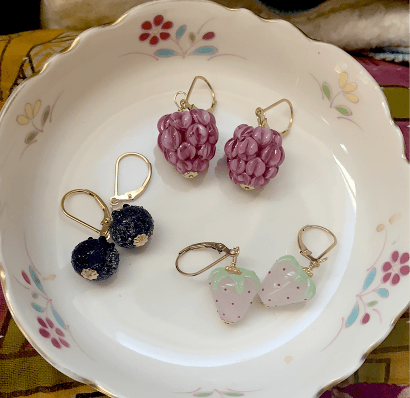 Glass Berry Earrings - Lavender Raspberries, Sugared Blueberries and Strawberries - Gold Filled - Handmade