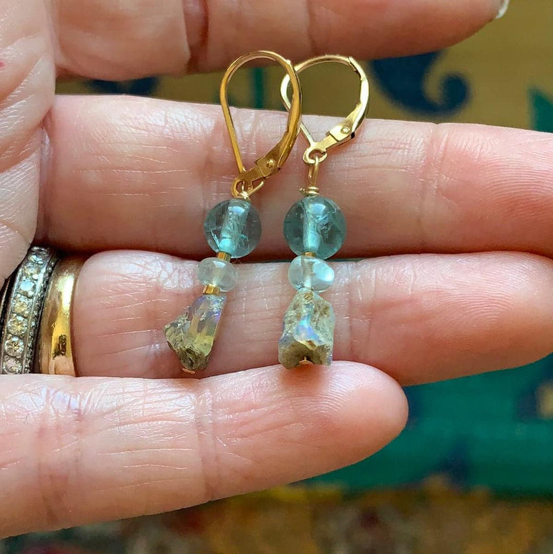 Opal, Apatite and Aquamarine Earrings - Gold Filled - Handmade