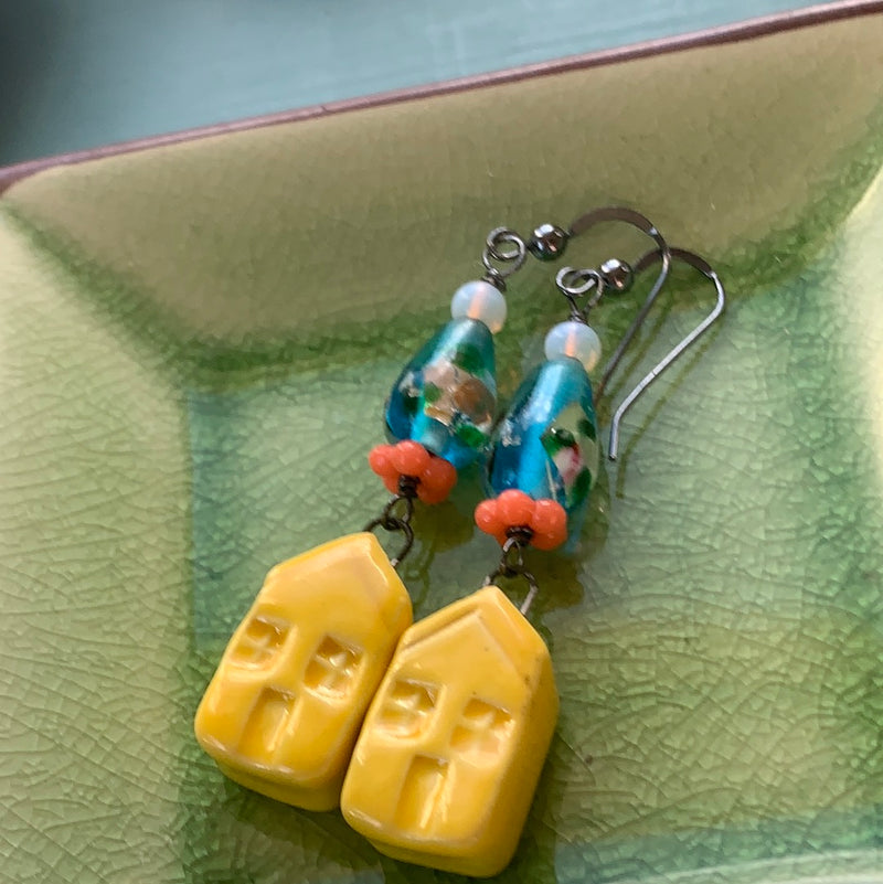 Yellow House Earrings - Vintage Beads - Oxidized Sterling Silver - Handmade