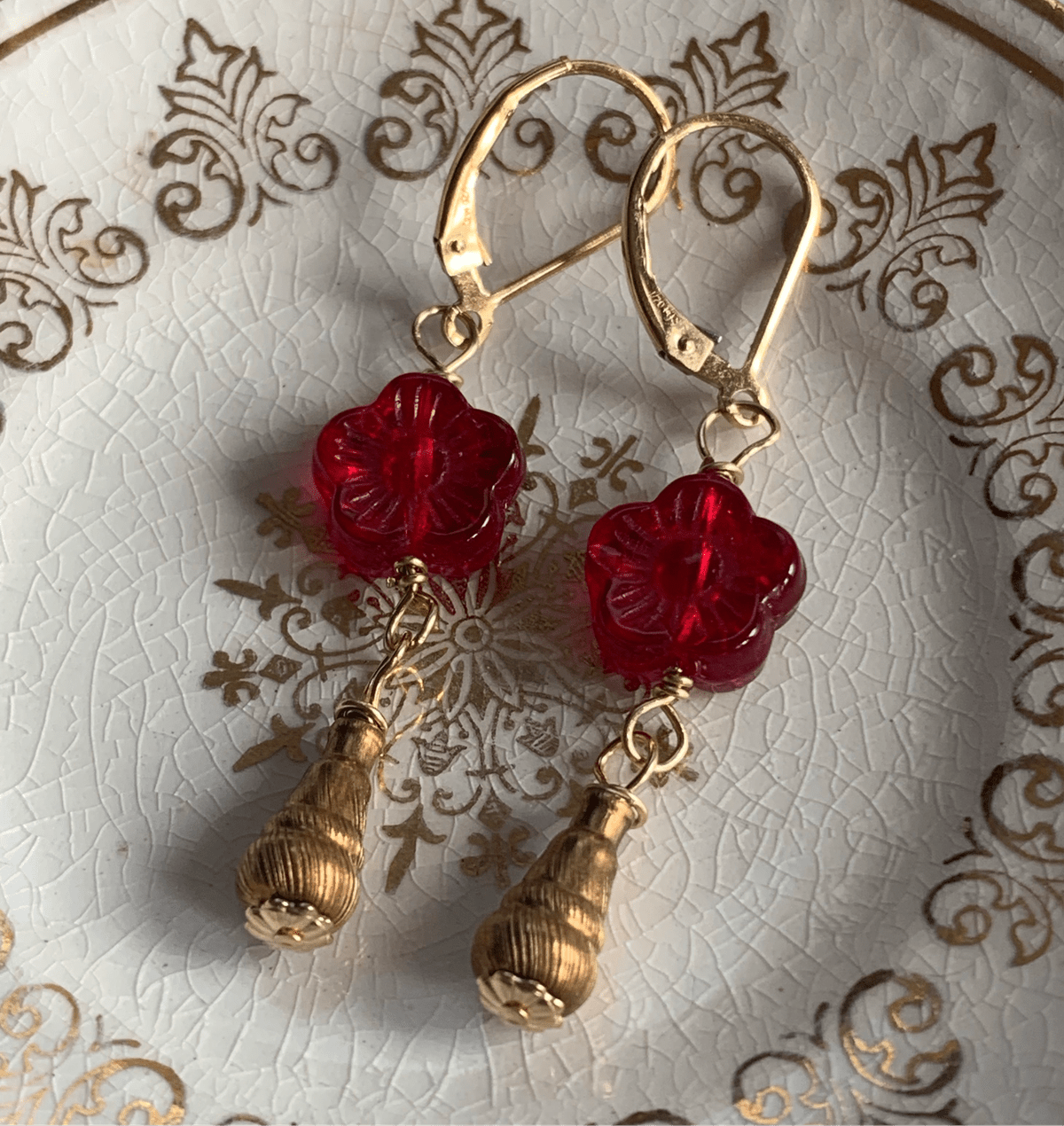Red Parisian Flower Earrings Glass Vintage Beads Handmade