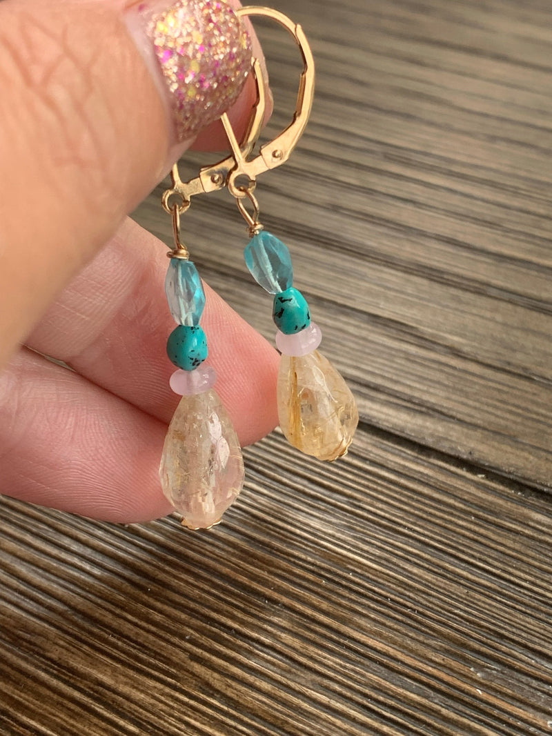 Rutilated Quartz, Lavender Jade, Apatite and Turquoise Earrings - Gold Filled - Handmade