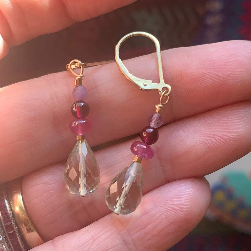 Prehnite, Pink Sapphire, Garnet and Fluorite Earrings - Gold Filled - Handmade