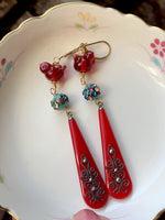 Glass Bird Earrings - Red Ornate Drops - Vintage Glass Beads - Gold Filled - Handmade