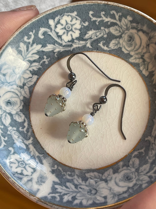 Teal Glass Strawberry Earrings - Opal Glass - Sterling Silver - Handmade