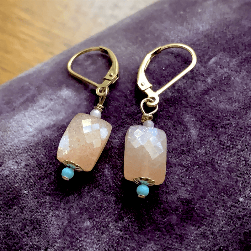 Peach Moonstone Earrings - Turquoise and Mother of Pearl - Gold Filled - Handmade