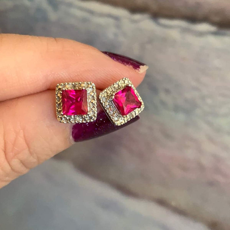 Pink Sapphire Diamond Halo Earrings - 10k Gold - Vintage