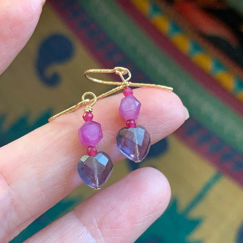 Fluorite, Pink Sapphire and Ruby Earrings - Gold Filled - Handmade