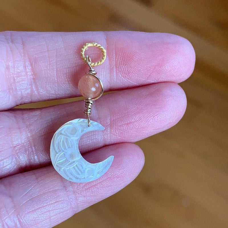 Carved Mother of Pearl Moon Pendant - Peach Moonstone - Gold