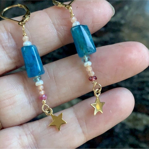 Star Drop Earrings - Apatite, Peach Moonstone, Pearl and Sapphire - Gold Filled