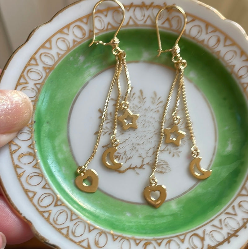 Heart Moon Star Drop Earrings - 10k Gold - Vintage