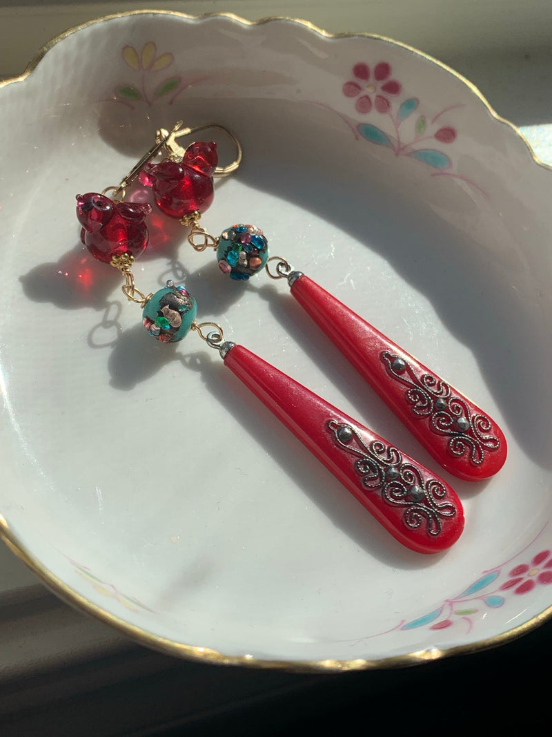 Glass Bird Earrings - Red Ornate Drops - Vintage Glass Beads - Gold Filled - Handmade