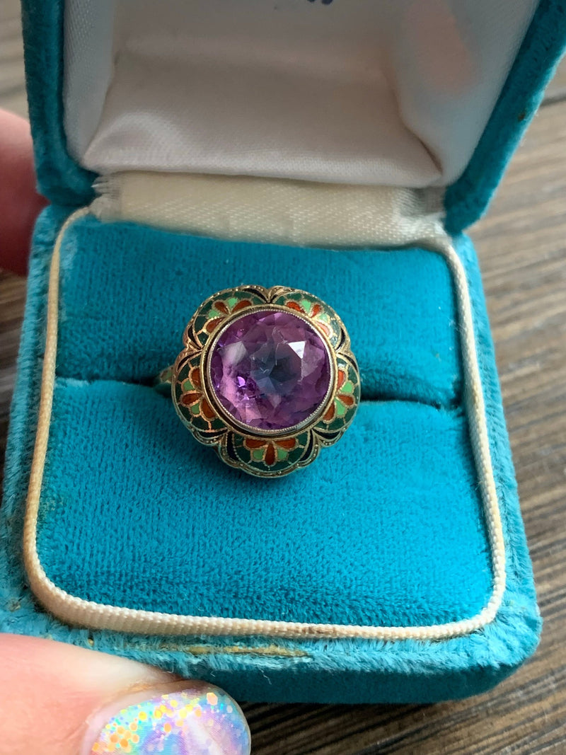 Pink Spinel Ring - Enamel - 14k Gold - Antique