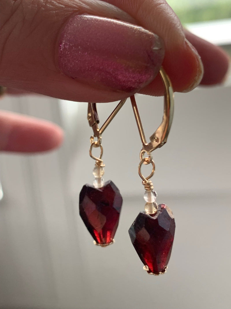 Garnet Heart Earrings - Citrine - Gold Filled - Handmade