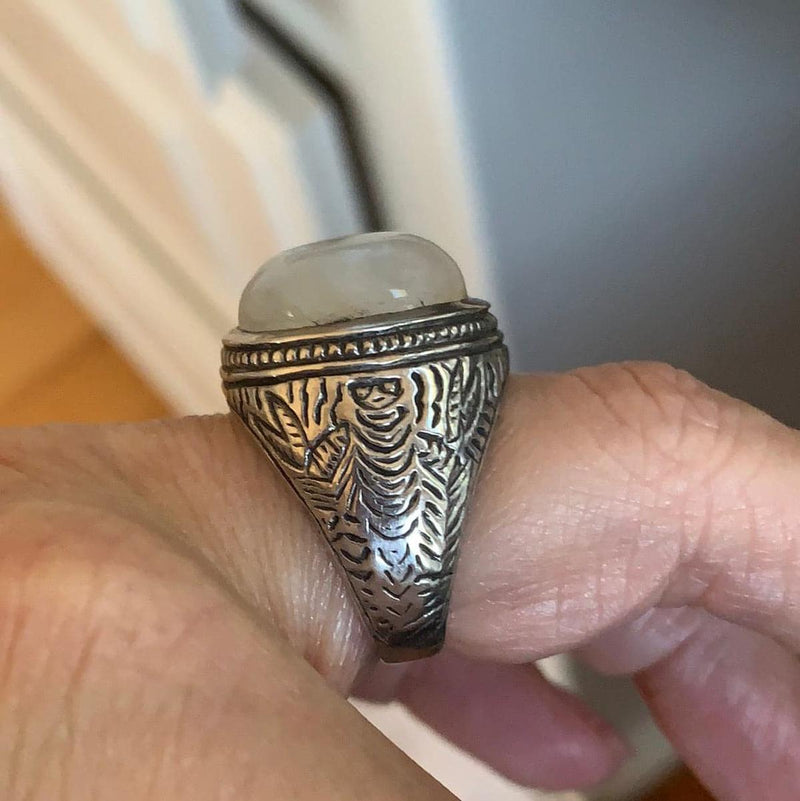Moonstone Ring - Engraved Sides - Sterling Silver - Vintage