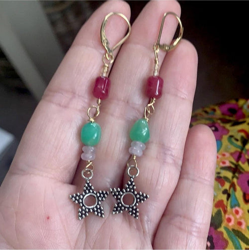 Star Drop Earrings - Rubellite, Jade, Chrysoprase and Citrine - Sterling and Gold Filled - Handmade