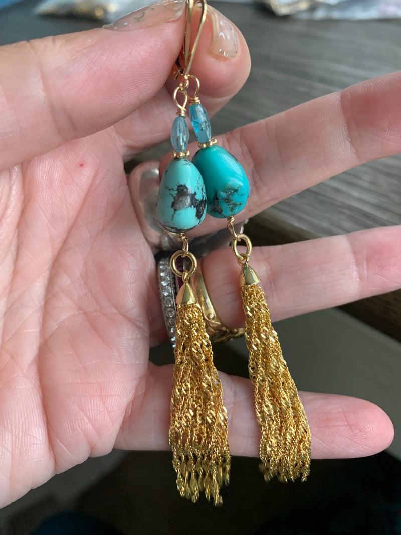 Turquoise Tassel Earrings - Vermeil (gold over sterling tassels) - Turquoise and Apatite - Gold Filled - Handmade