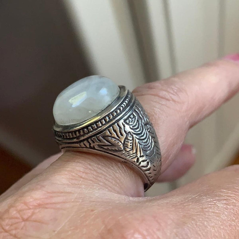 Moonstone Ring - Engraved Sides - Sterling Silver - Vintage