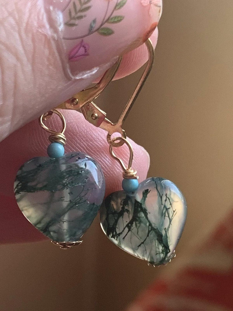Moss Agate Heart Earrings - Turquoise - Gold Filled - Handmade