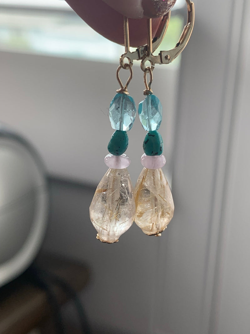 Rutilated Quartz, Lavender Jade, Apatite and Turquoise Earrings - Gold Filled - Handmade