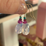 Lavender Moon Quartz Drop Earrings - Pink Sapphire, Garnet and Sleeping Beauty Turquoise - 14k Gold - Handmade