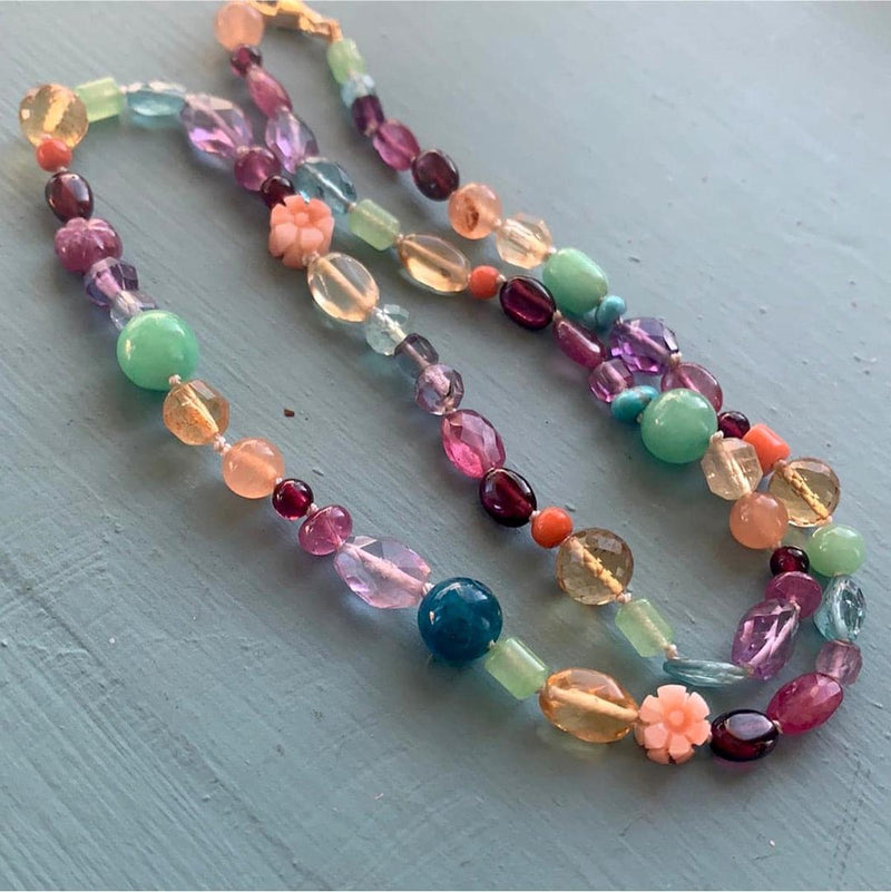 Rainbow Gemstone Necklace - Silk knotted - Gold Filed - One of a kind - Handmade