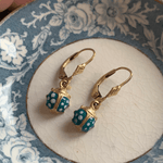 Turquoise Enamel Ladybug Earrings - 10K Gold - Vintage