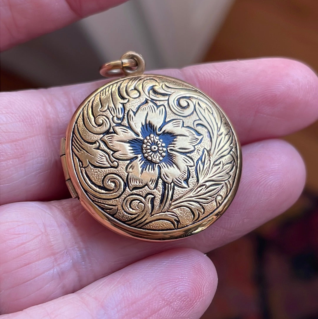 Vintage Flower Locket - Retro 12k Gold Filled Round Engraved Necklace Pendant - Circa 1960s Era Statement Keepsake Photo Ballou 60s Jewelry No Chain