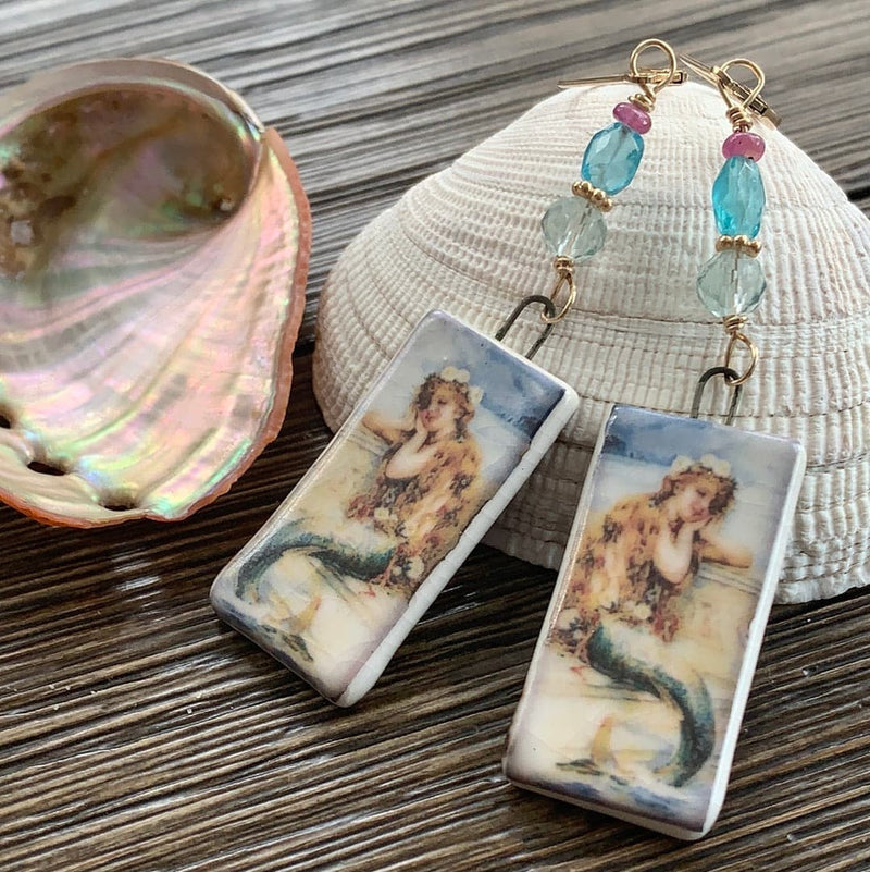Mermaid Earrings - Fluorite, Apatite and Ruby - Gold Filled - Handmade