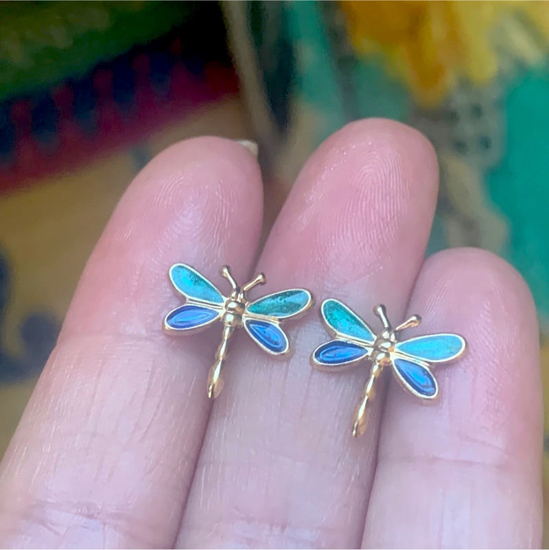 Enamel Dragonfly Stud Earrings - 14k Gold - Vintage