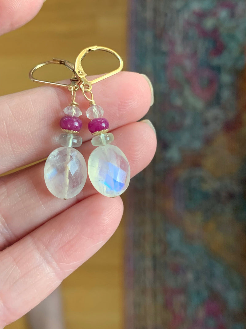 Moonstone Earrings - Ruby and Aquamarine - Gold Filled - Handmade