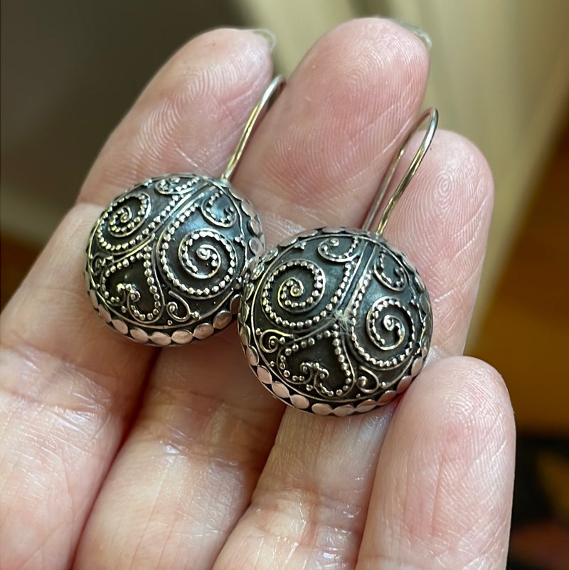 Round Granulated Design Earrings - Sterling Silver - Vintage