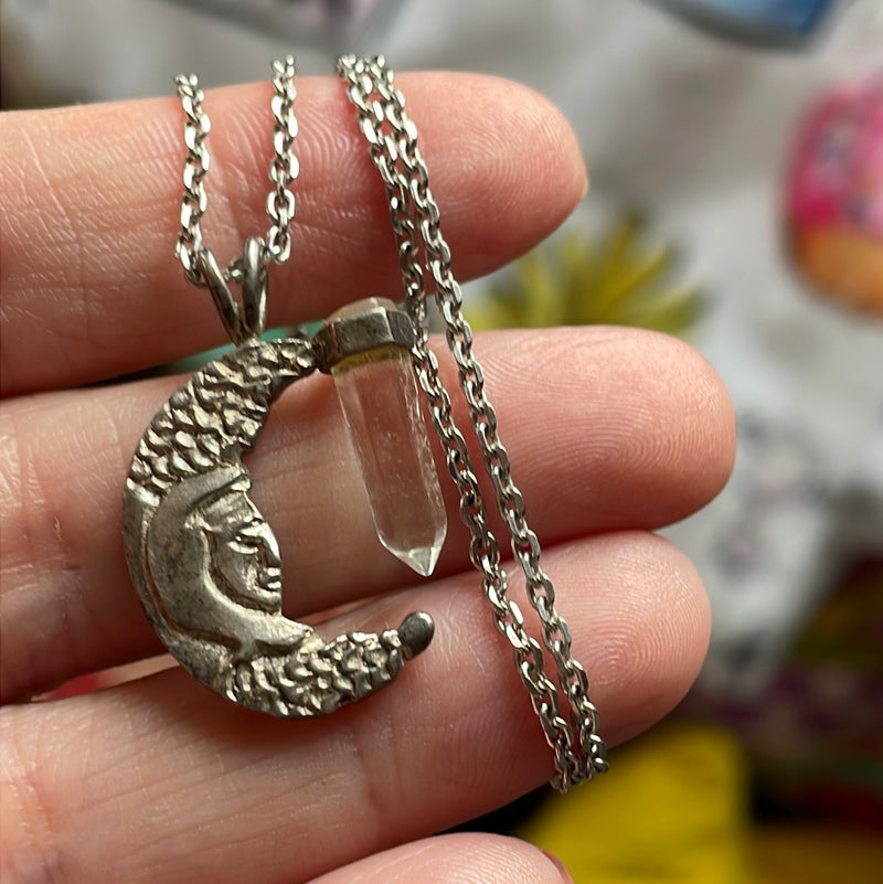 Moon Face Pendant Point Crystal Sterling Silver Vintage