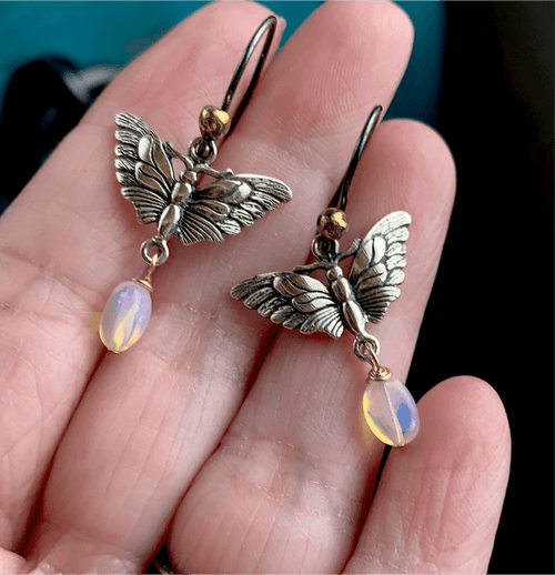 Butterfly Earrings - Sterling and Bronze - Opal - Handmade
