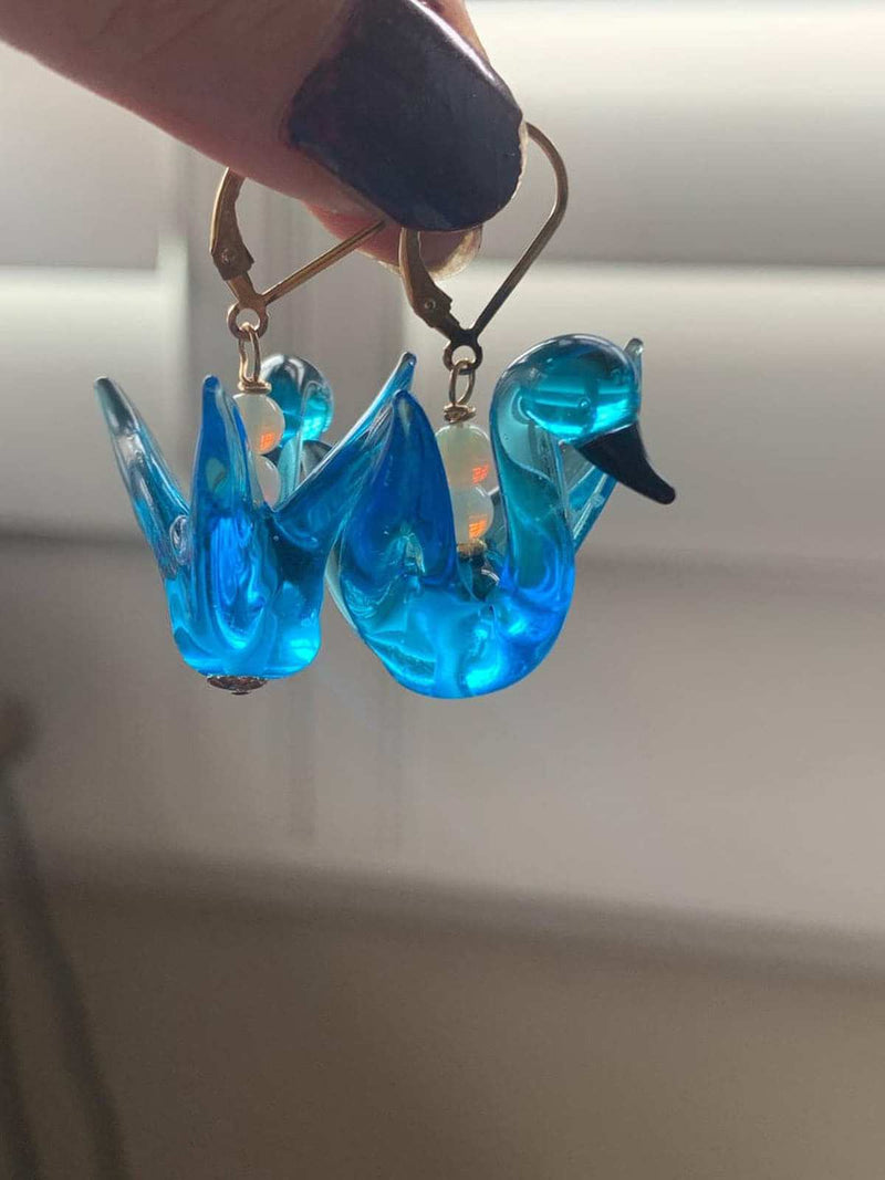 Blue Glass Swan Earrings - Gold Filled - Handmade - Love Vintage Paris