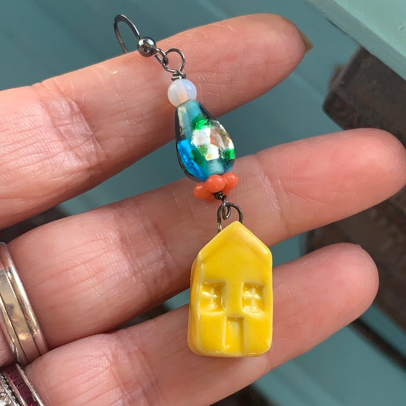 Yellow House Earrings - Vintage Beads - Oxidized Sterling Silver - Handmade