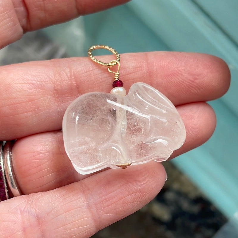 Carved Quartz Rabbit Talisman - Gold Filled Findings and Chain - Handmade