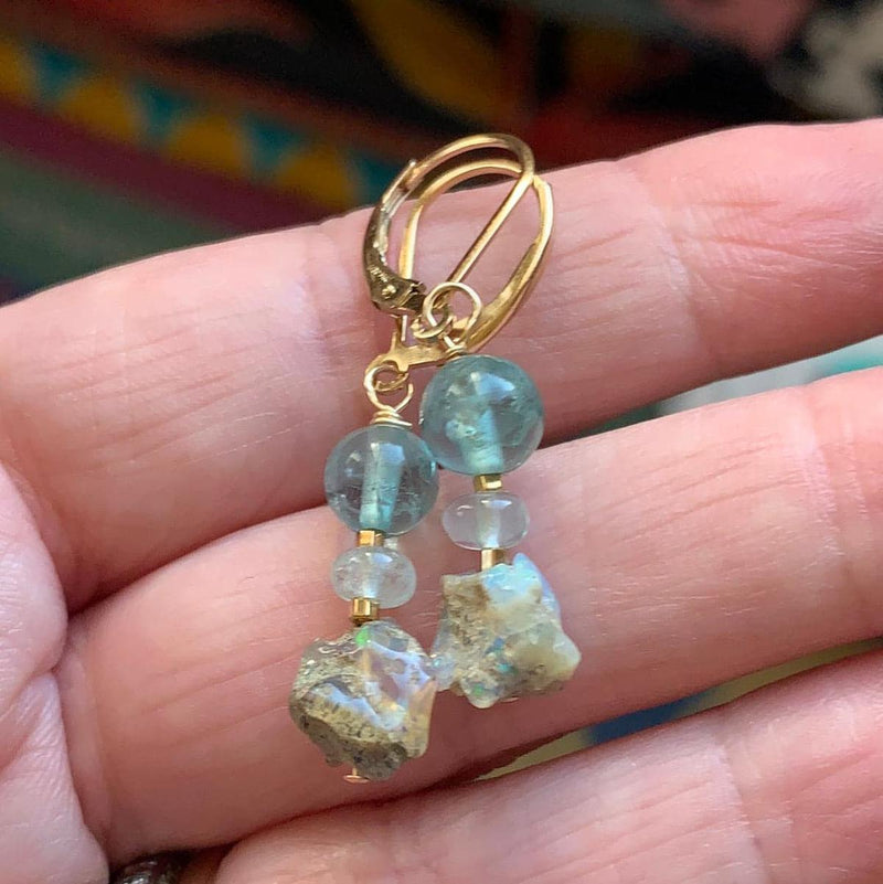 Opal, Apatite and Aquamarine Earrings - Gold Filled - Handmade