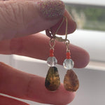 Carved Agate Leaf Earrings - Fluorite and Coral - Gold Filled - Handmade - Love Vintage Paris