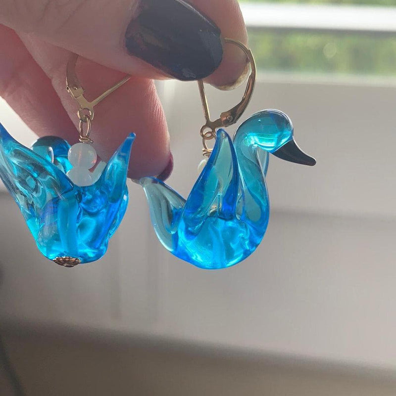 Blue Glass Swan Earrings - Gold Filled - Handmade - Love Vintage Paris