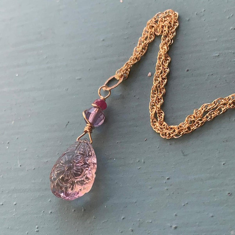 Carved Ametrine Flower Necklace with Amethyst and Ruby - Gold Filled - Handmade