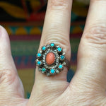 Turquoise Coral Cluster Ring - Native American - Sterling Silver - Vintage