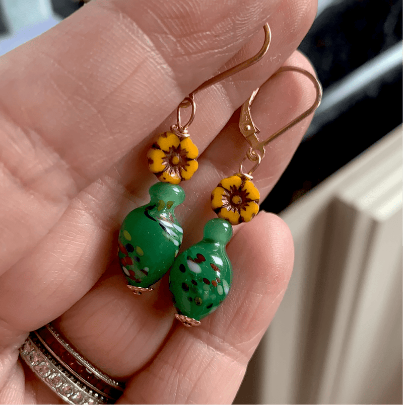 Yellow Parisian Flower Earrings - Glass - Vintage Beads - Handmade