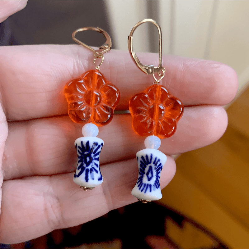 Flower Vase Earrings - Glass and Clay - Gold Filled - Handmade