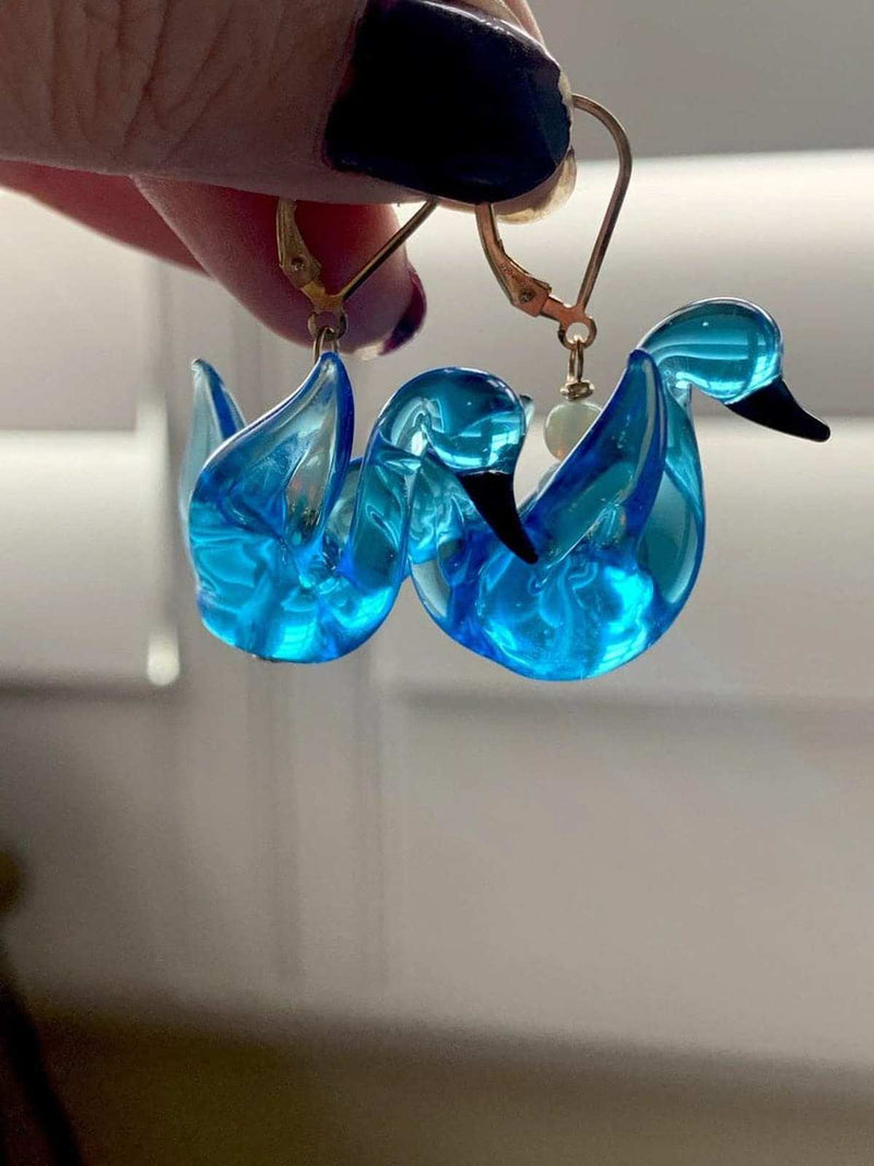 Blue Glass Swan Earrings - Gold Filled - Handmade