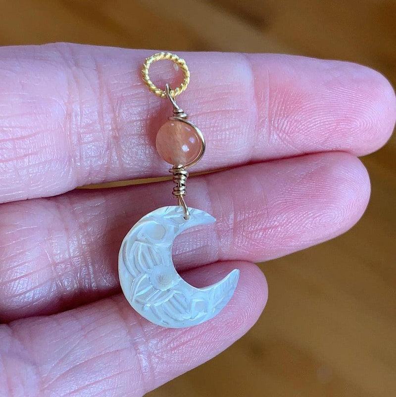 Carved Mother of Pearl Moon Pendant - Peach Moonstone - Gold Filled - Handmade - Love Vintage Paris