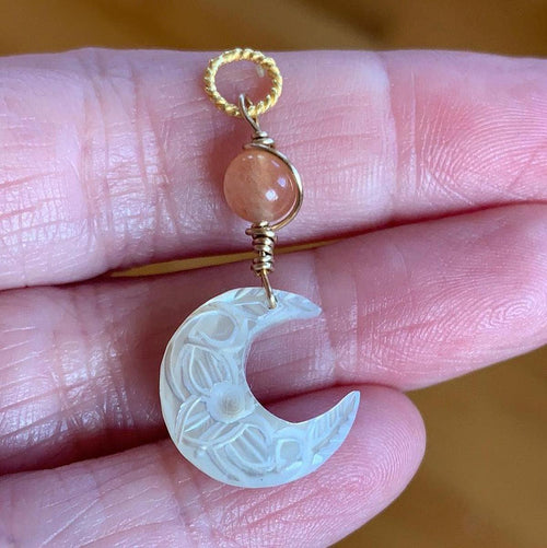 Carved Mother of Pearl Moon Pendant - Peach Moonstone - Gold Filled - Handmade