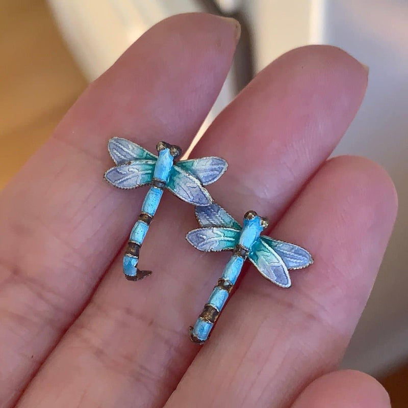 Enamel Dragonfly Earrings - Sterling Silver - Vintage
